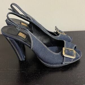 Biba Denim Peep Toe Sling Back Buckle Heels Blue Size 8/38